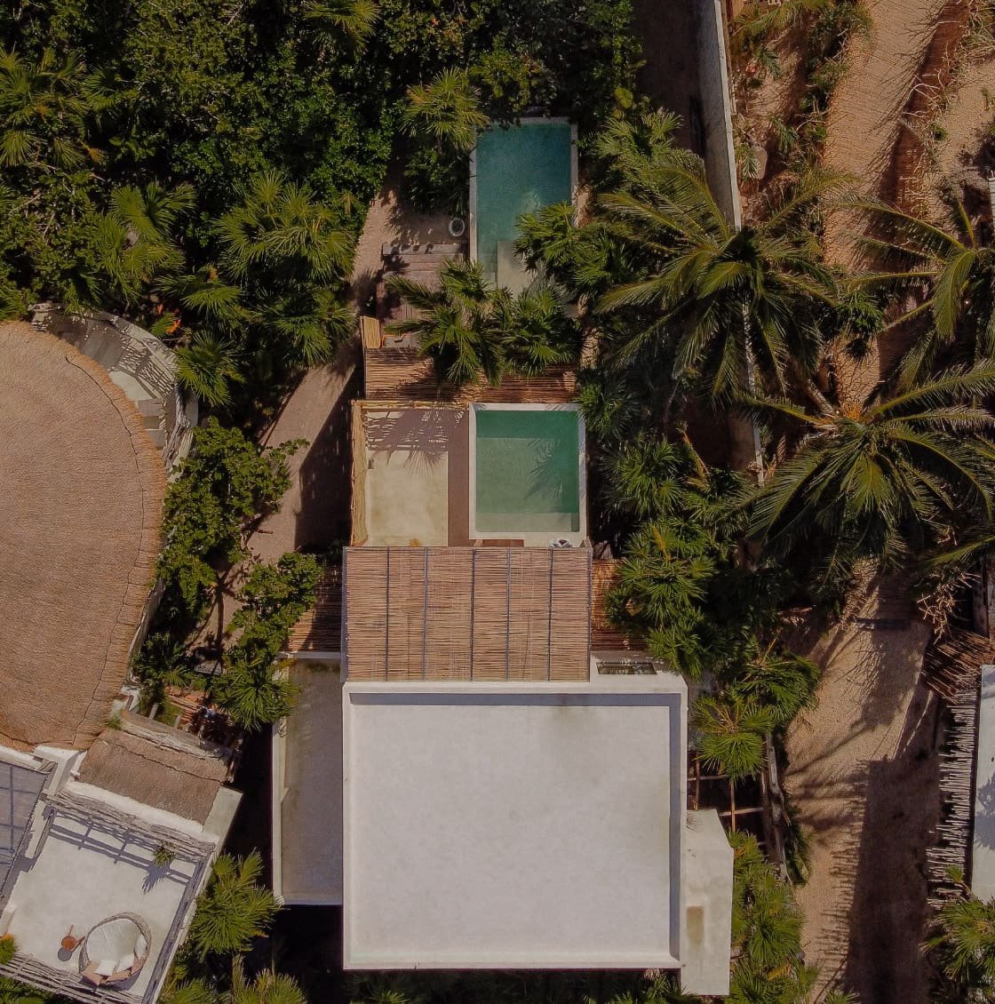 Aerial view of Casa Chechen beachfront villa in Tulum, Mexico